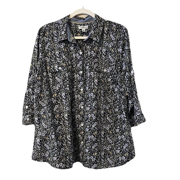 croft barrow xxl top blouse button Up Floral Ditzy Preppy Dark Romantic Wild 2x - Picture 1 of 8